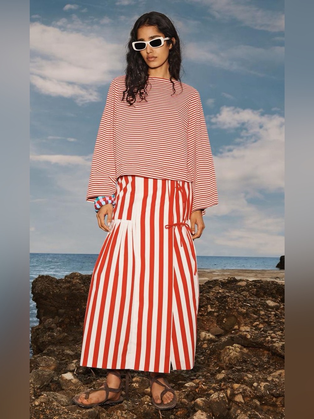 Zara Red and White Striped Midi Skirt